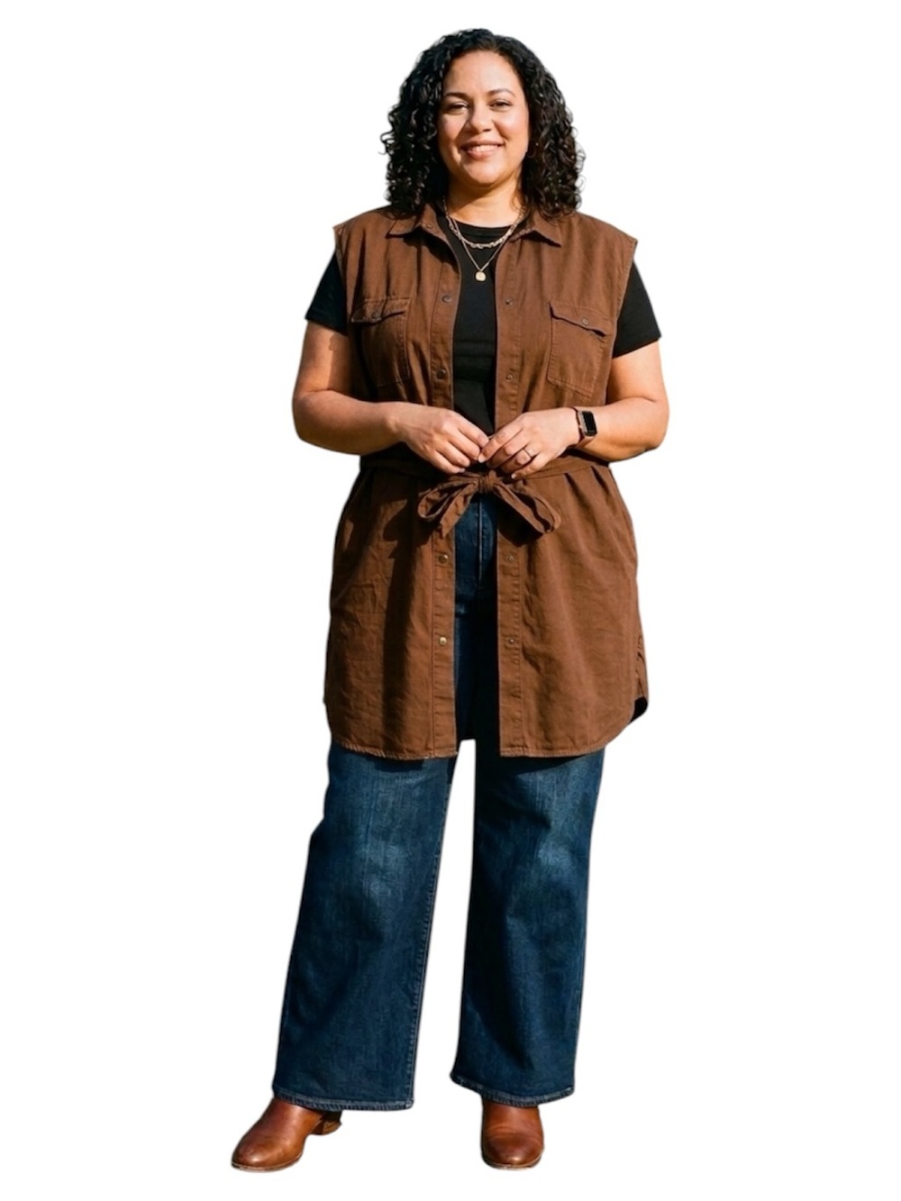 Ulla Popken Tunic Top Snap Pure Organic Cotton Lagenlook Brown Belted NWT 28 30